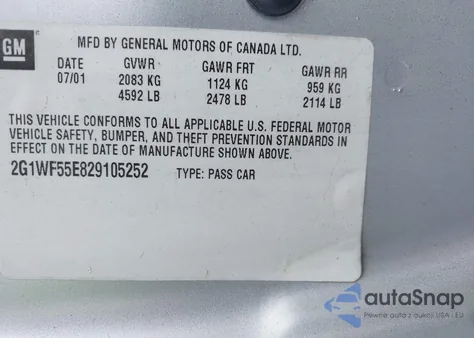 2002 Chevrolet Impala z USA, uszkodzony, nr VIN 2G1WF55E829105252